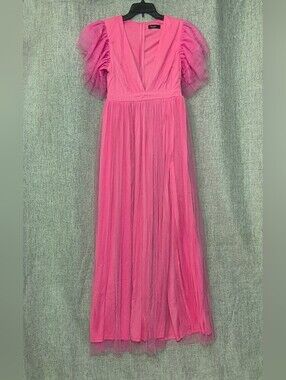 Pink Tulle Midi Dress with Puff Sleeves